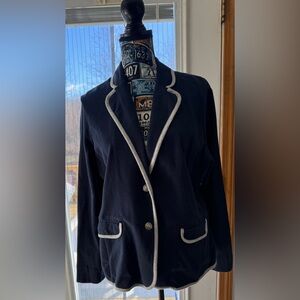 LL Bean Blazer Jacket Womens Large Navy Blue Outlined in Grey Cotton